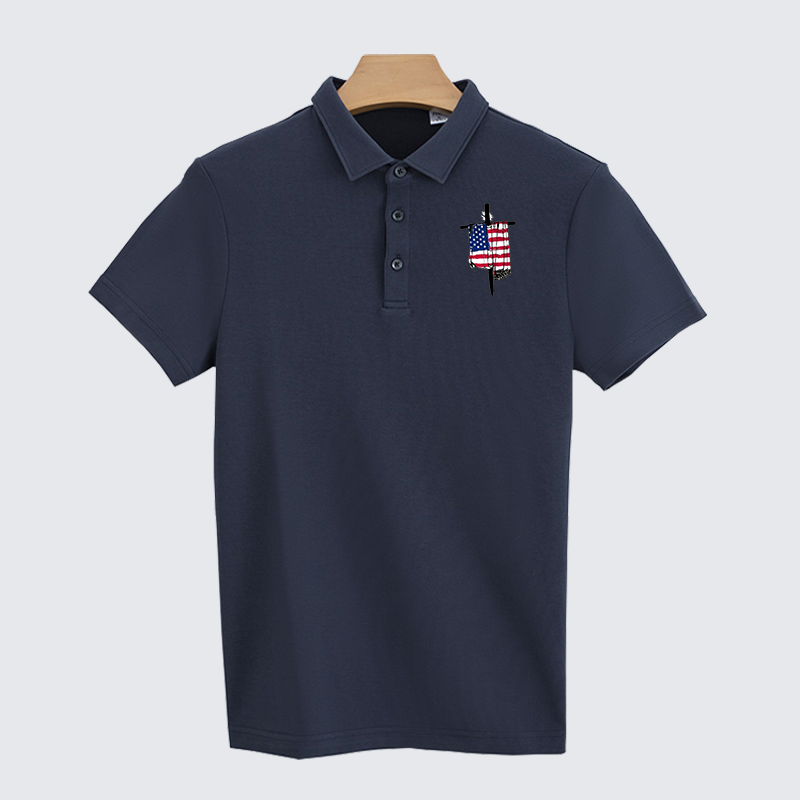 Faith Flag Cross Christian Cotton Short Sleeve Polo Shirt