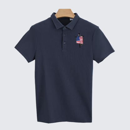Faith Flag Cross Christian Cotton Short Sleeve Polo Shirt