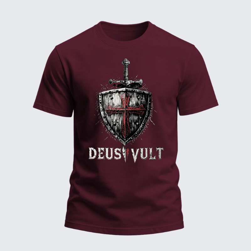 Heavyweight Cotton Tee - Deus Vult Crusader Shield Templar Cross
