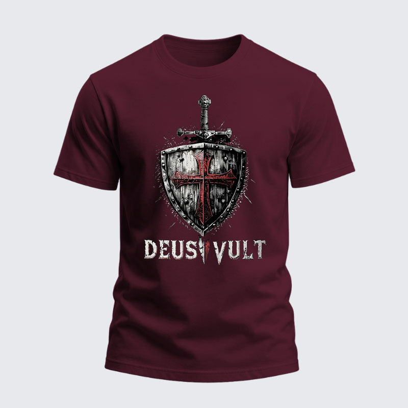 Heavyweight Cotton Tee - Deus Vult Crusader Shield Templar Cross