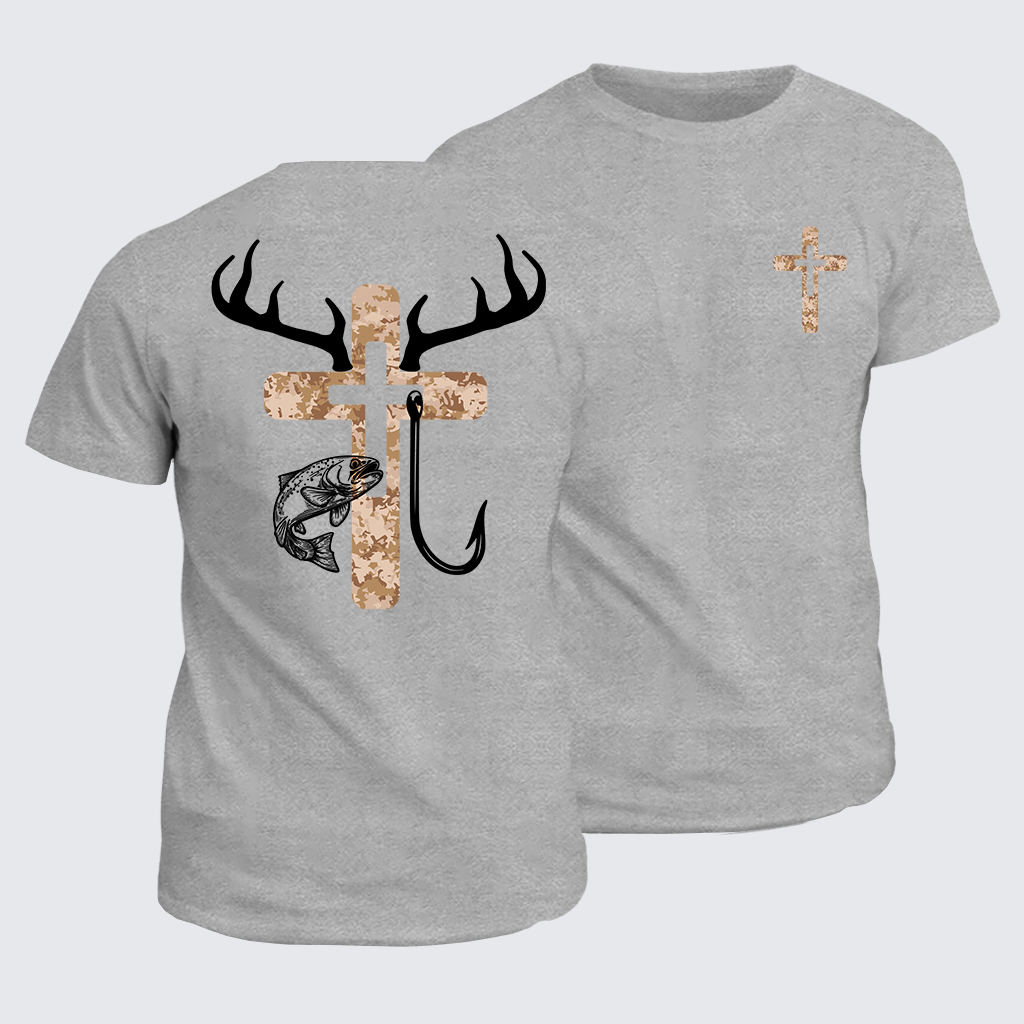 Hunting Fishing Faith Deer Antlers Cross Jesus God Christian Cotton T-Shirt
