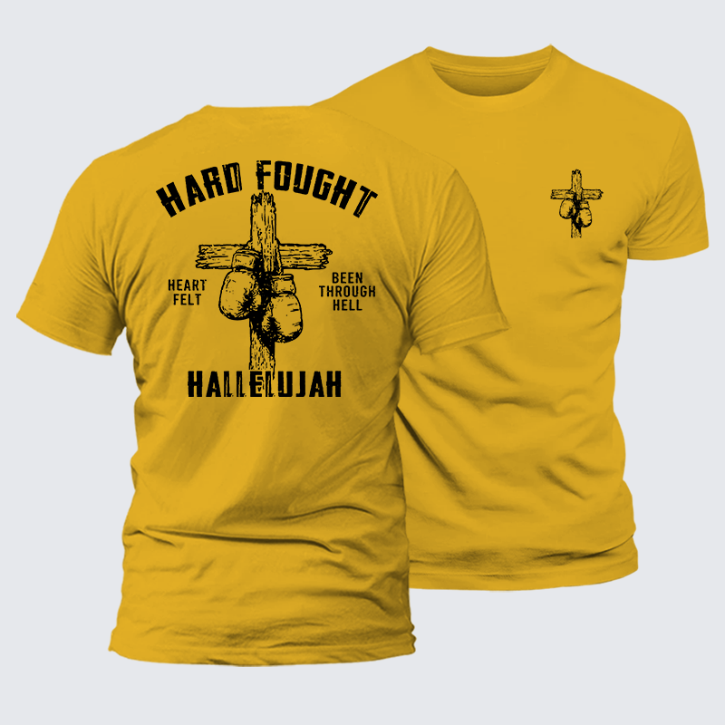 Hard Fought Hallelujah  Jesus God Christian Premium Mercerized Cotton Tee