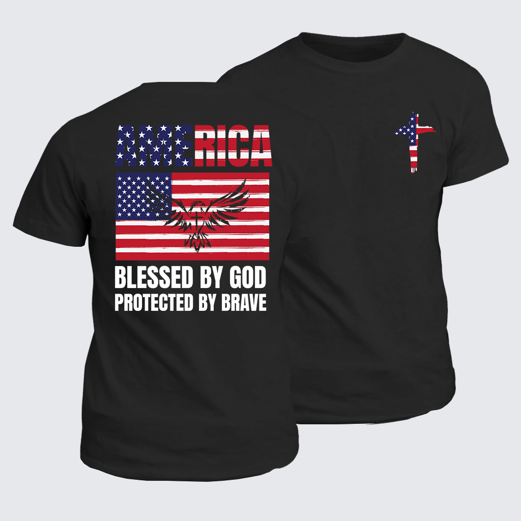 America Blessed By God Protected By Brave Flag Cross Jesus God Christian Cotton T-Shirt