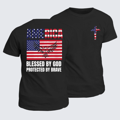 America Blessed By God Protected By Brave Flag Cross Jesus God Christian Cotton T-Shirt