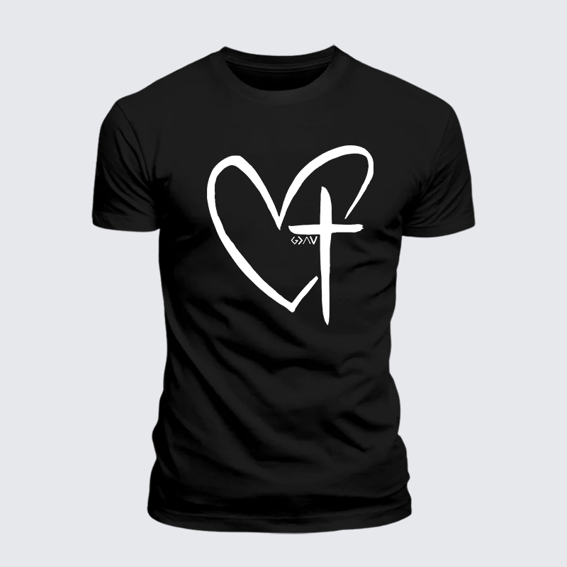 Cross Heart Jesus God Christian Premium Mercerized Cotton Tee