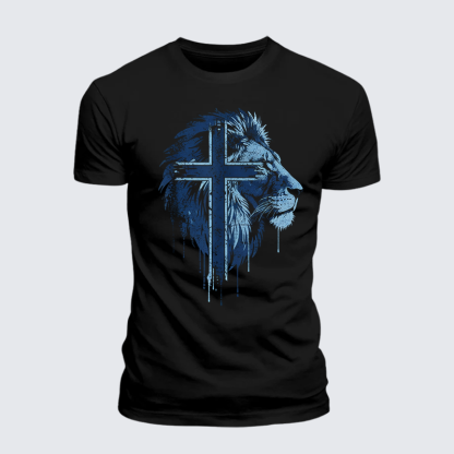 Lion of Faith Cross Jesus God Christian Premium Mercerized Cotton Tee