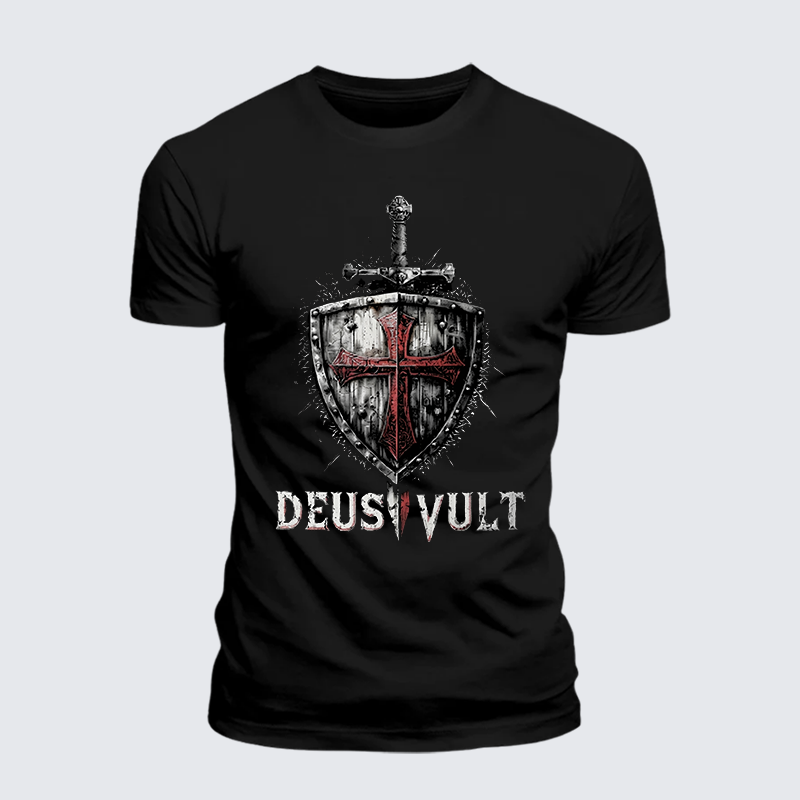 Deus Vult Crusader Shield Templar Cross Jesus God Christian Premium Mercerized Cotton Tee