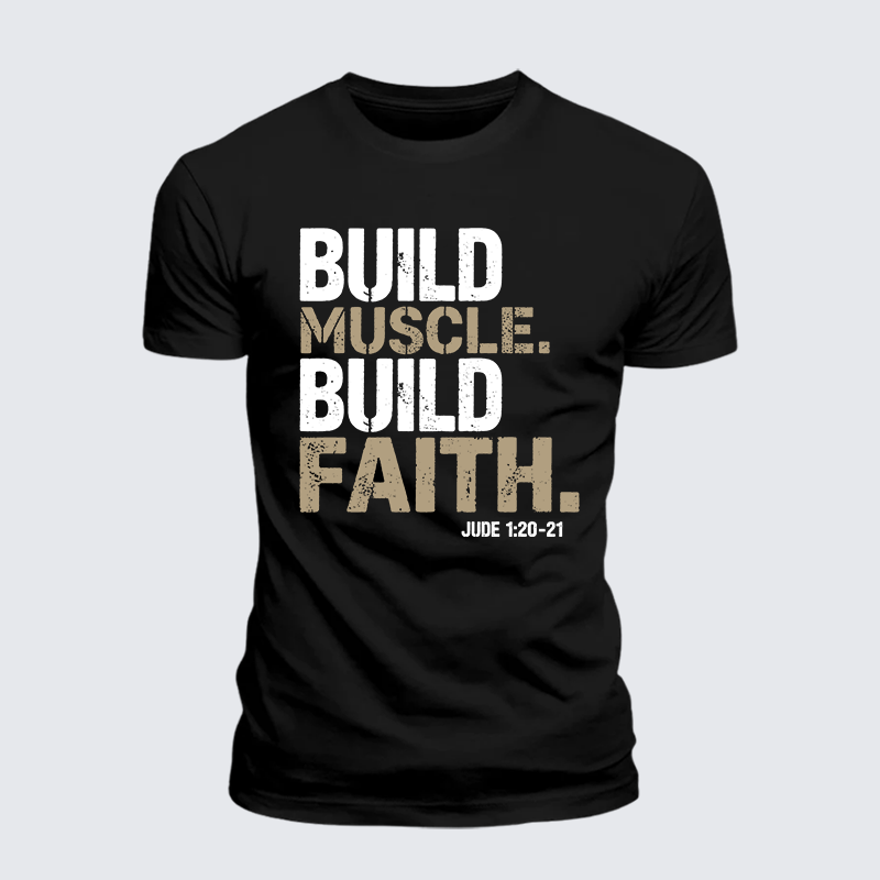 Build Muscle Build Faith Jesus God Christian Premium Mercerized Cotton Tee