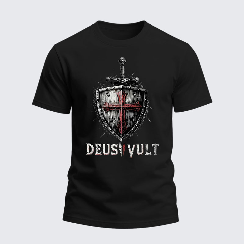 Heavyweight Cotton Tee - Deus Vult Crusader Shield Templar Cross