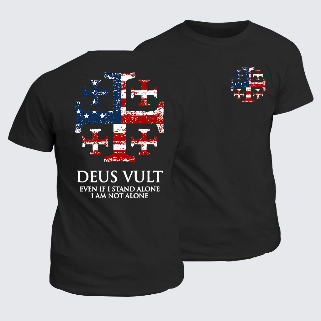 Classic Cotton Tee -  Deus Vult Jerusalem Cross Usa Flag Even If I Stand Alone, I Am Not Alone