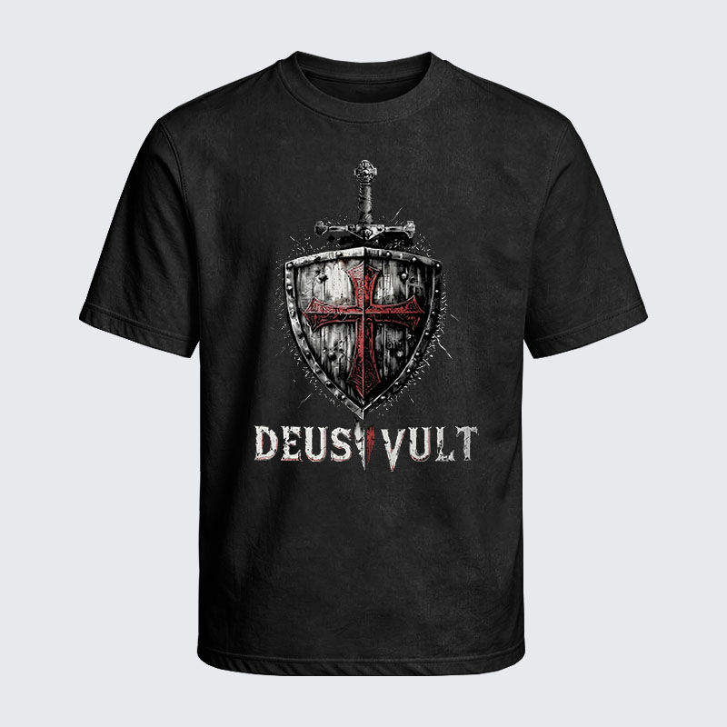 Washed T-Shirt - Deus Vult Crusader Shield Templar Cross