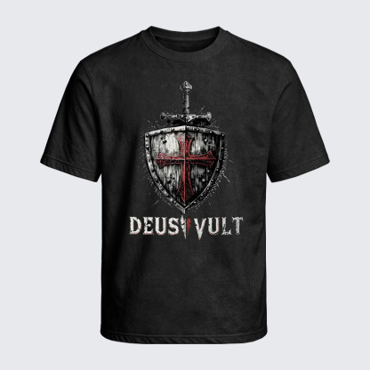 Washed T-Shirt - Deus Vult Crusader Shield Templar Cross
