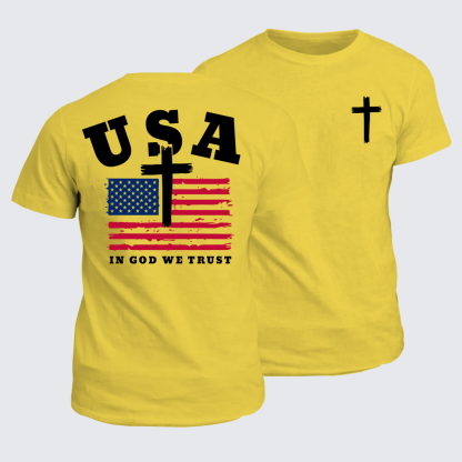 In God We Trust USA Flag Cross Jesus God Christian Cotton T-Shirt