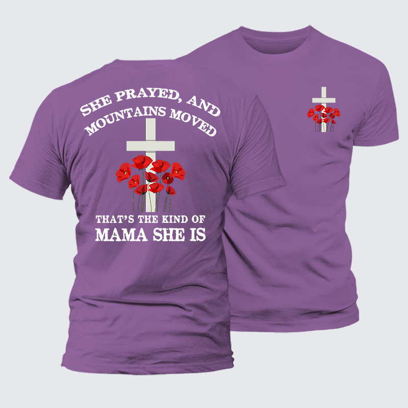 She Prayed, Mountains Moved Jesus God Christian Premium Mercerized Cotton Tee
