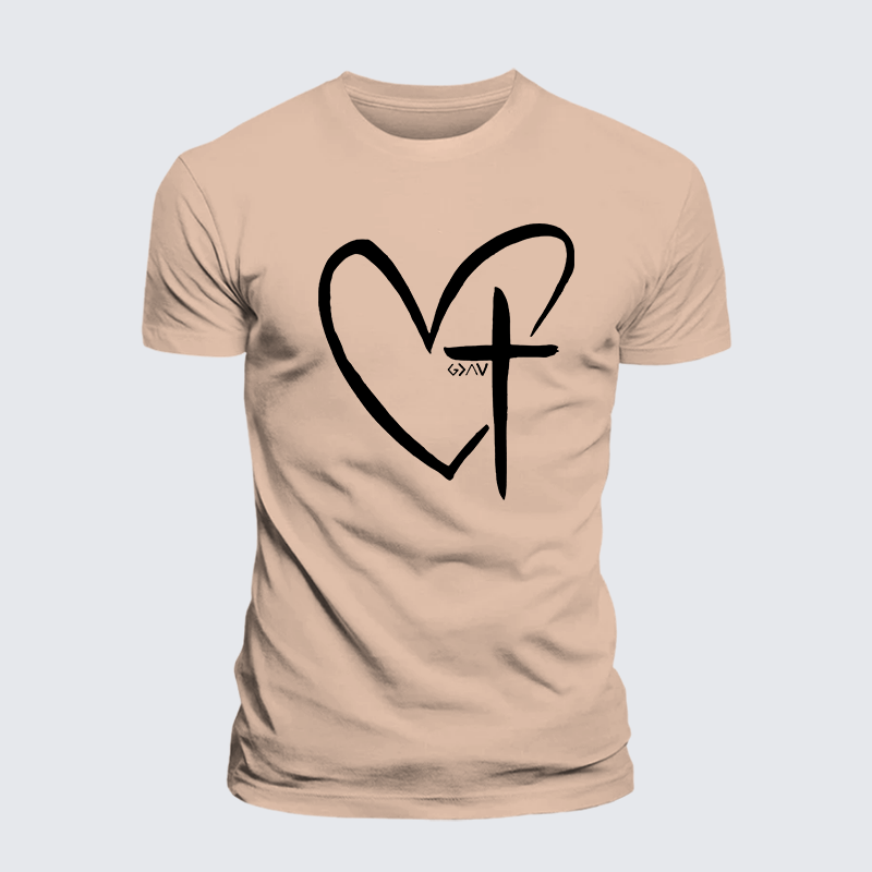Cross Heart Jesus God Christian Premium Mercerized Cotton Tee