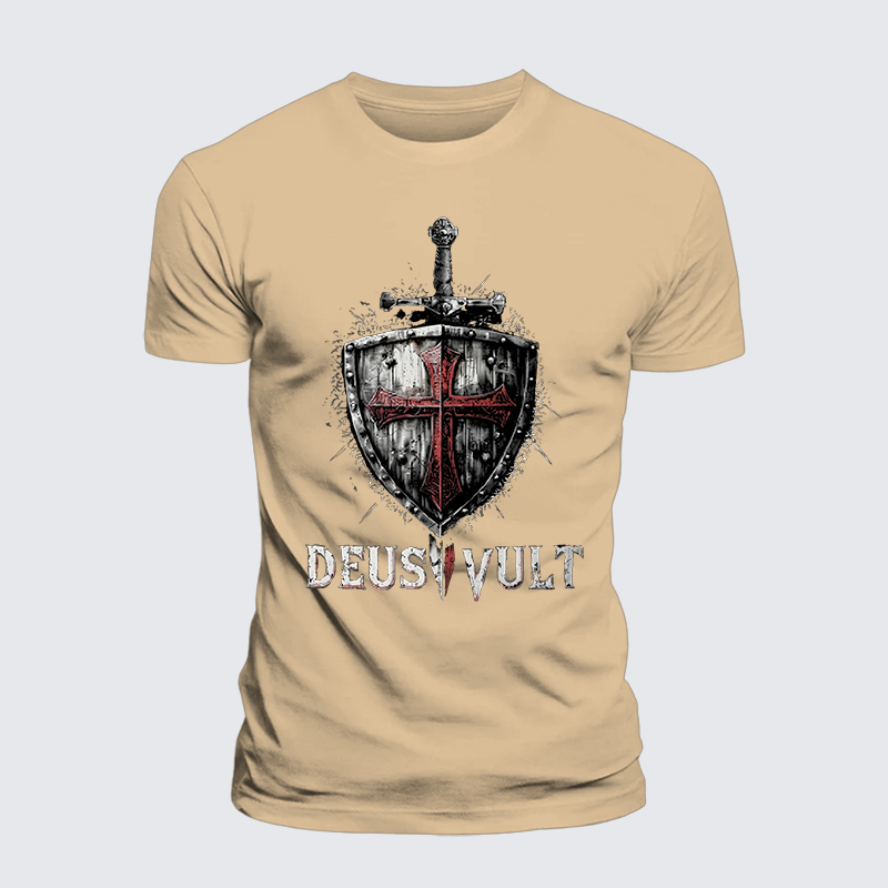 Deus Vult Crusader Shield Templar Cross Jesus God Christian Premium Mercerized Cotton Tee