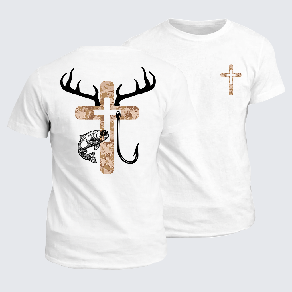 Hunting Fishing Faith Deer Antlers Cross Jesus God Christian Cotton T-Shirt