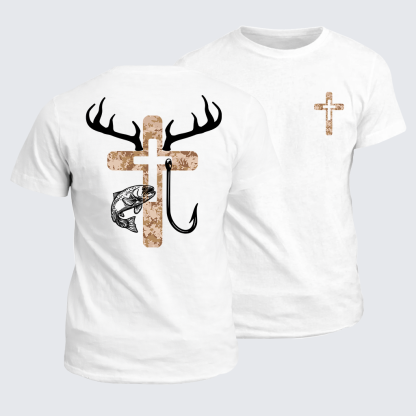 Hunting Fishing Faith Deer Antlers Cross Jesus God Christian Cotton T-Shirt