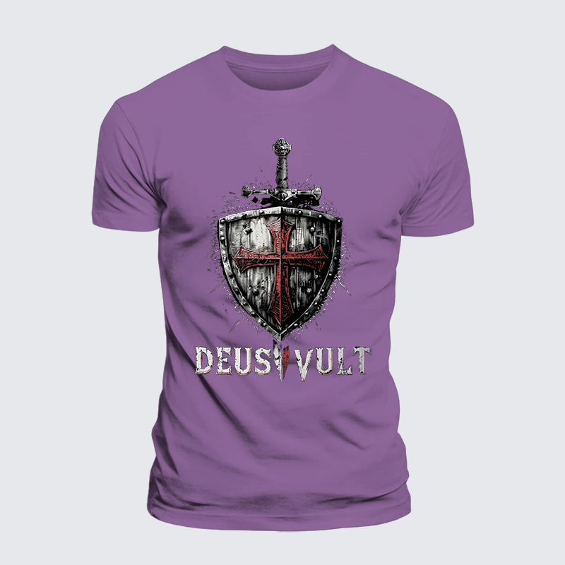 Deus Vult Crusader Shield Templar Cross Jesus God Christian Premium Mercerized Cotton Tee