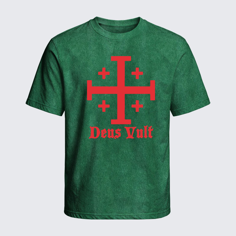 Washed T-Shirt - Jerusalem Cross Deus Vult