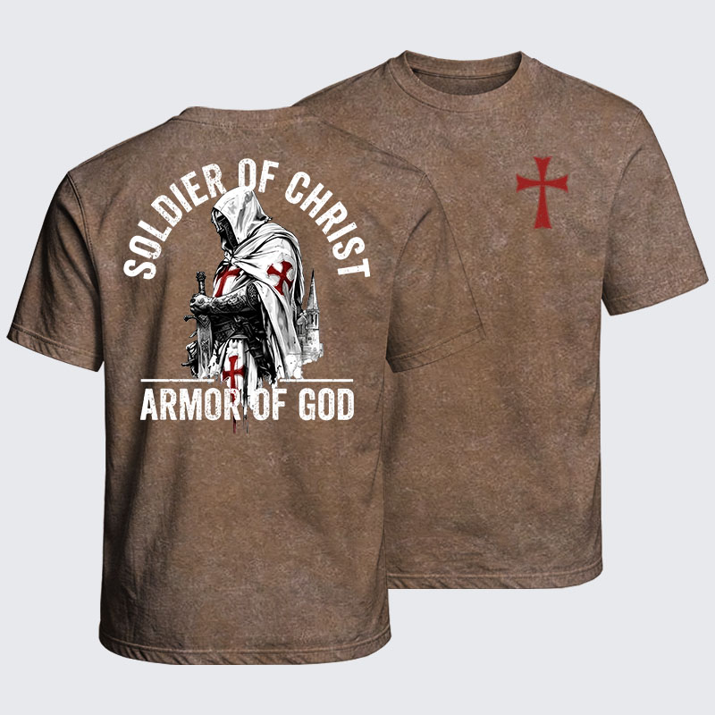 Washed T-Shirt - Soldier of Christ Armor Of God Crusader Spirit