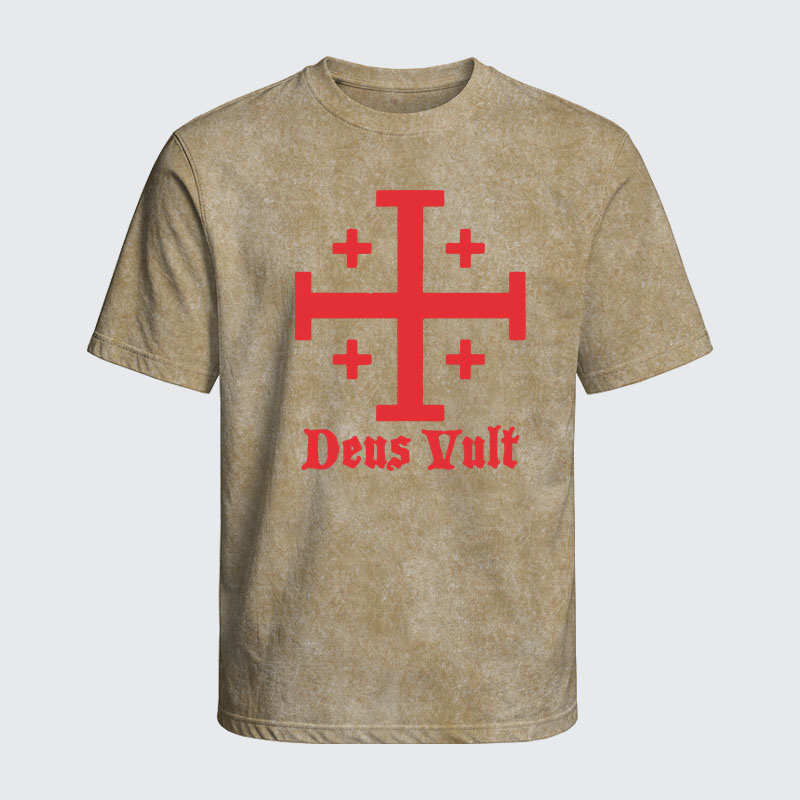 Washed T-Shirt - Jerusalem Cross Deus Vult