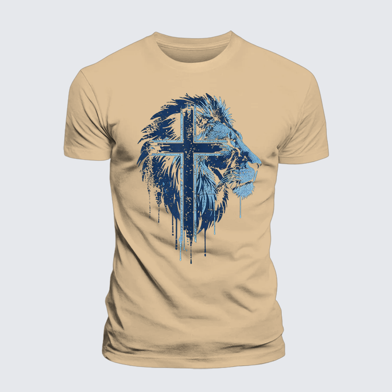 Lion of Faith Cross Jesus God Christian Premium Mercerized Cotton Tee