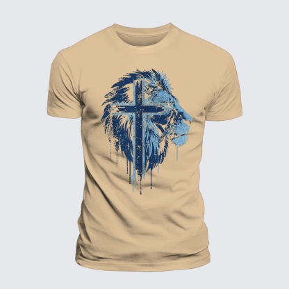 Lion of Faith Cross Jesus God Christian Premium Mercerized Cotton Tee
