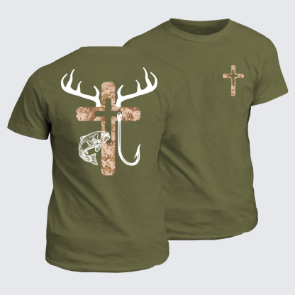 Hunting Fishing Faith Deer Antlers Cross Jesus God Christian Cotton T-Shirt