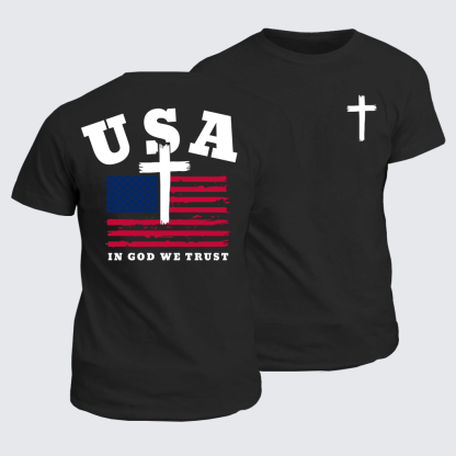In God We Trust USA Flag Cross Jesus God Christian Cotton T-Shirt