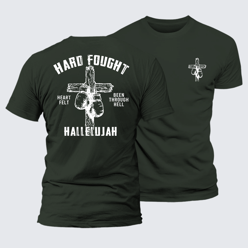 Hard Fought Hallelujah  Jesus God Christian Premium Mercerized Cotton Tee