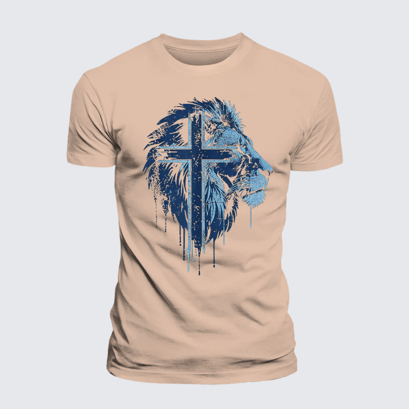 Lion of Faith Cross Jesus God Christian Premium Mercerized Cotton Tee