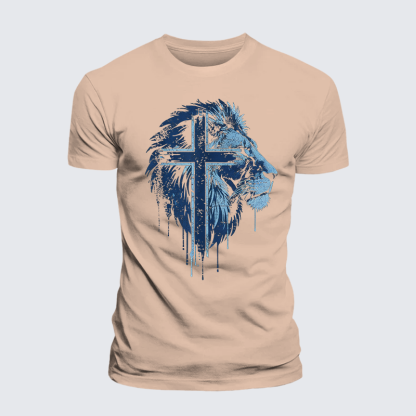 Lion of Faith Cross Jesus God Christian Premium Mercerized Cotton Tee