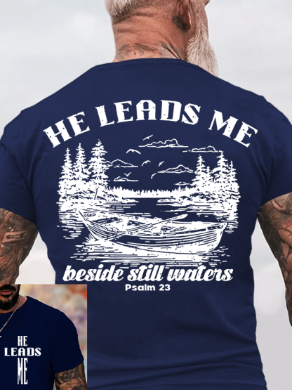 He Leads Me Jesus God Christian Cotton T-Shirt