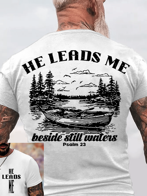 He Leads Me Jesus God Christian Cotton T-Shirt