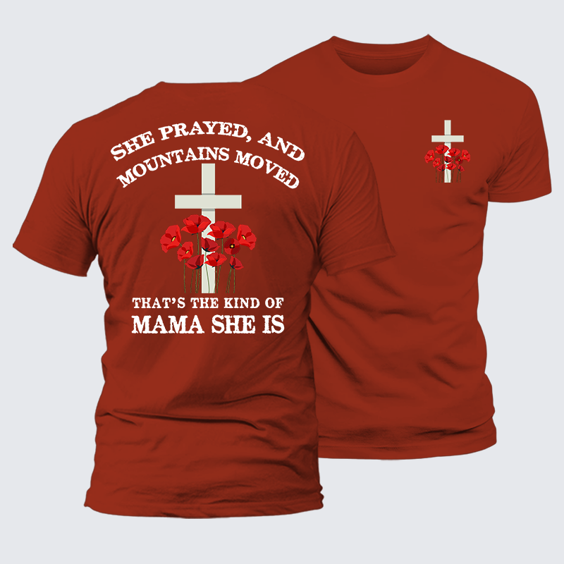 She Prayed, Mountains Moved Jesus God Christian Premium Mercerized Cotton Tee