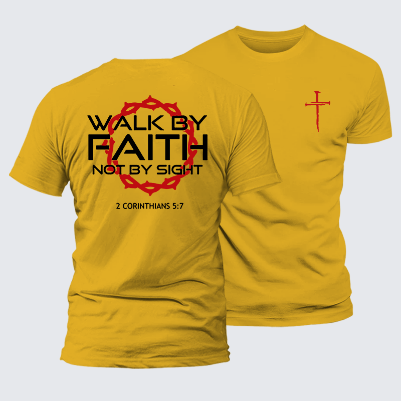 Walk By Faith Not By Sight 2 Corinthians 5:7 Cross Jesus God Christian Premium Mercerized Cotton Tee