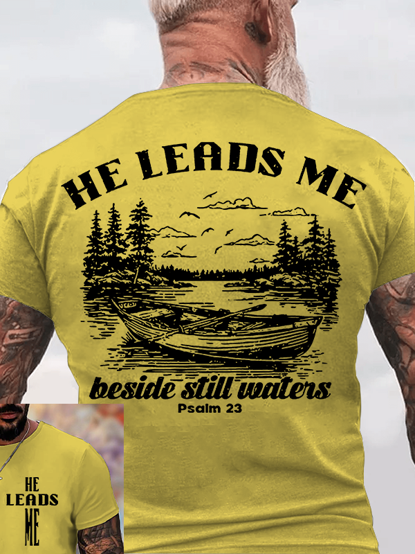 He Leads Me Jesus God Christian Cotton T-Shirt