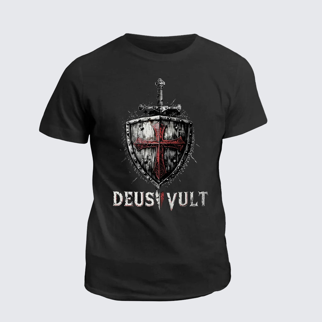 Classic Cotton Tee -  Deus Vult Crusader Shield Templar Cross