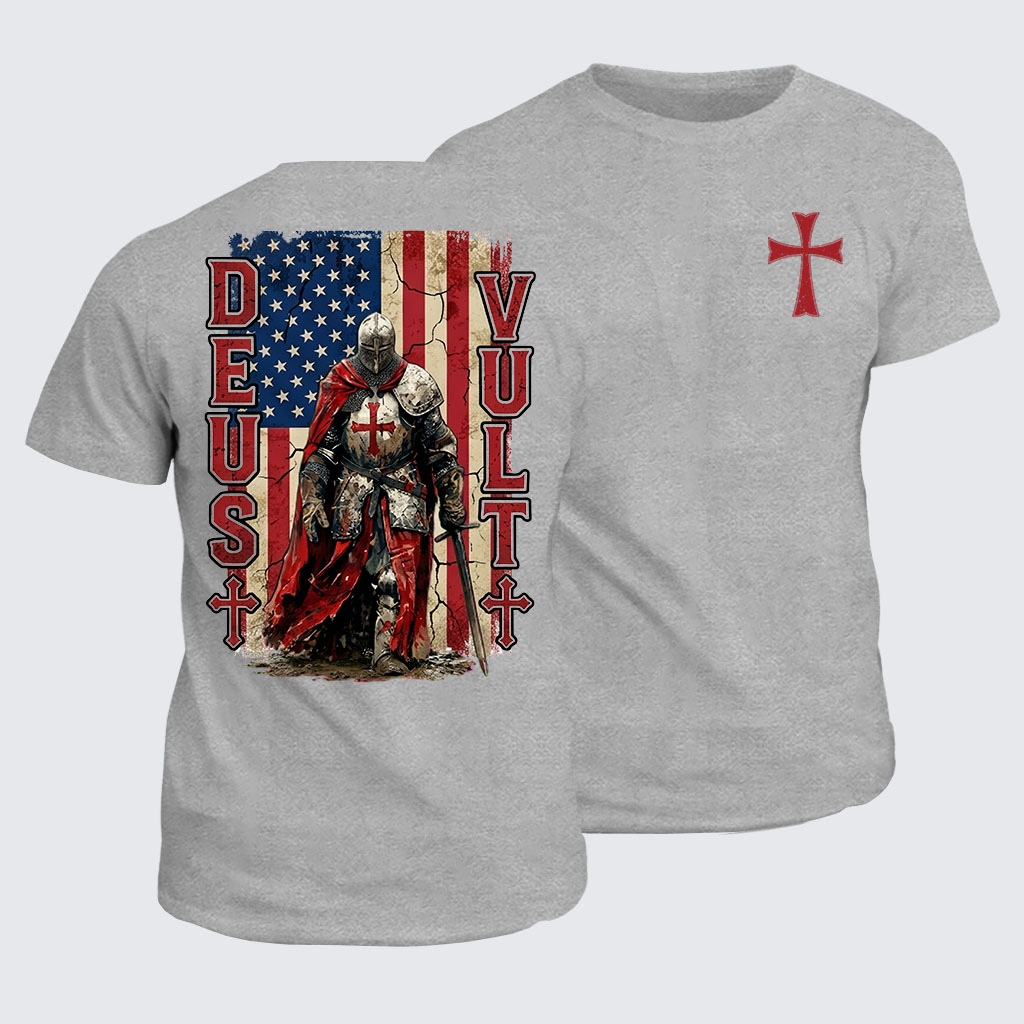Classic Cotton Tee -  Deus Vult Knight Templar American Flag Crusader