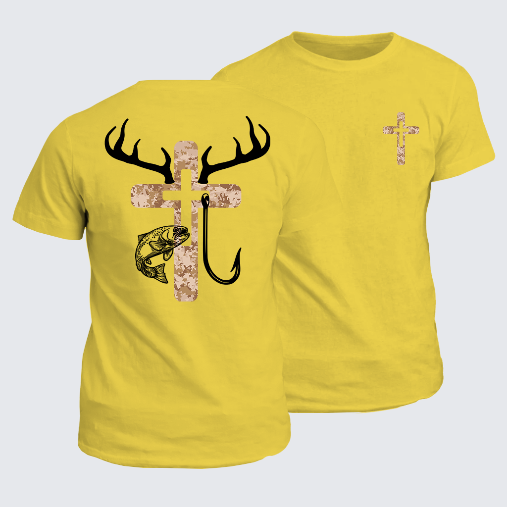 Hunting Fishing Faith Deer Antlers Cross Jesus God Christian Cotton T-Shirt