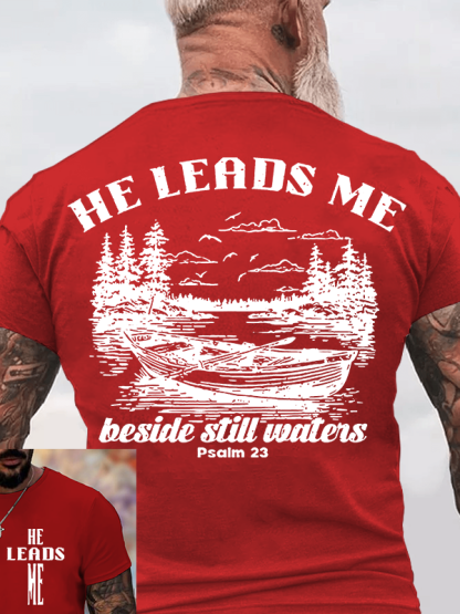 He Leads Me Jesus God Christian Cotton T-Shirt