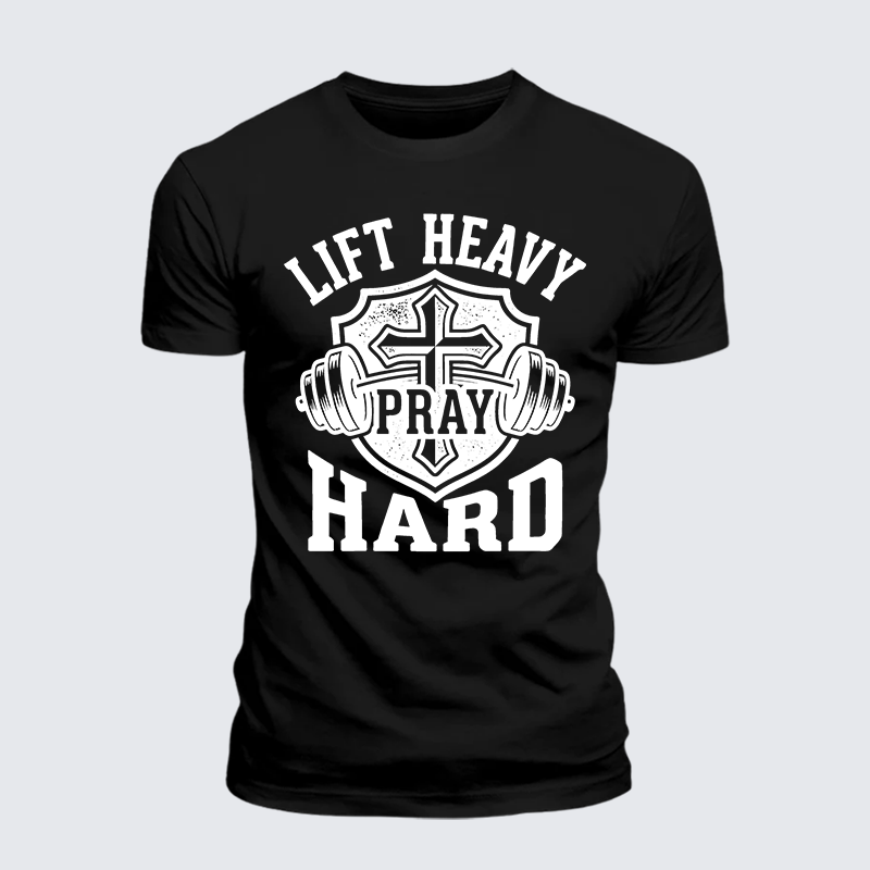 Lift Heavy Pray Hard Jesus God Christian Premium Mercerized Cotton Tee
