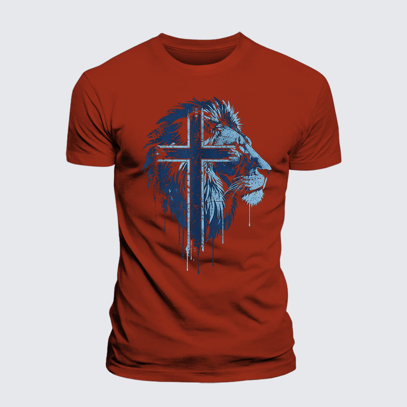 Lion of Faith Cross Jesus God Christian Premium Mercerized Cotton Tee