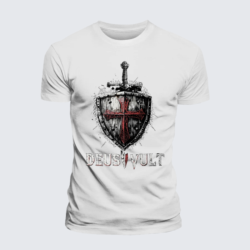Deus Vult Crusader Shield Templar Cross Jesus God Christian Premium Mercerized Cotton Tee