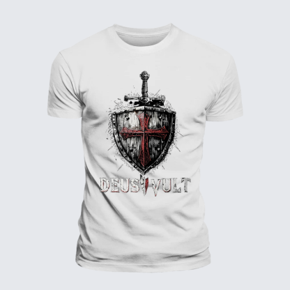 Deus Vult Crusader Shield Templar Cross Jesus God Christian Premium Mercerized Cotton Tee