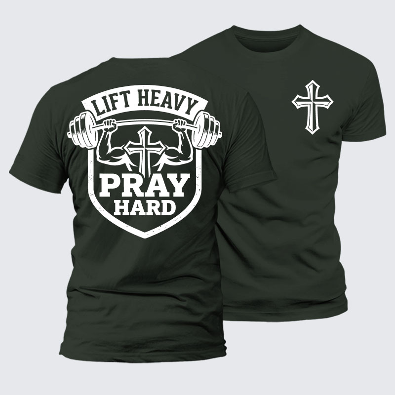 Lift Heavy Pray Hard Jesus God Christian – Premium Mercerized Cotton Tee