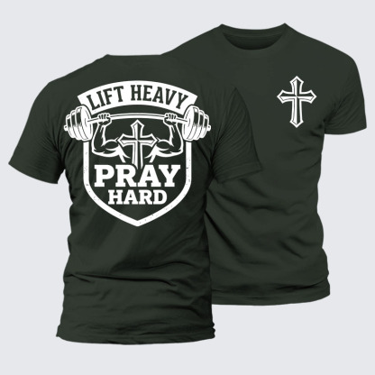 Lift Heavy Pray Hard Jesus God Christian – Premium Mercerized Cotton Tee