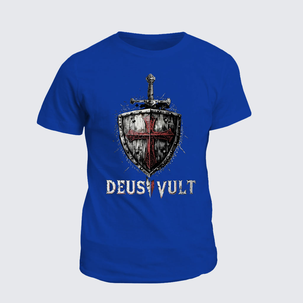 Classic Cotton Tee -  Deus Vult Crusader Shield Templar Cross