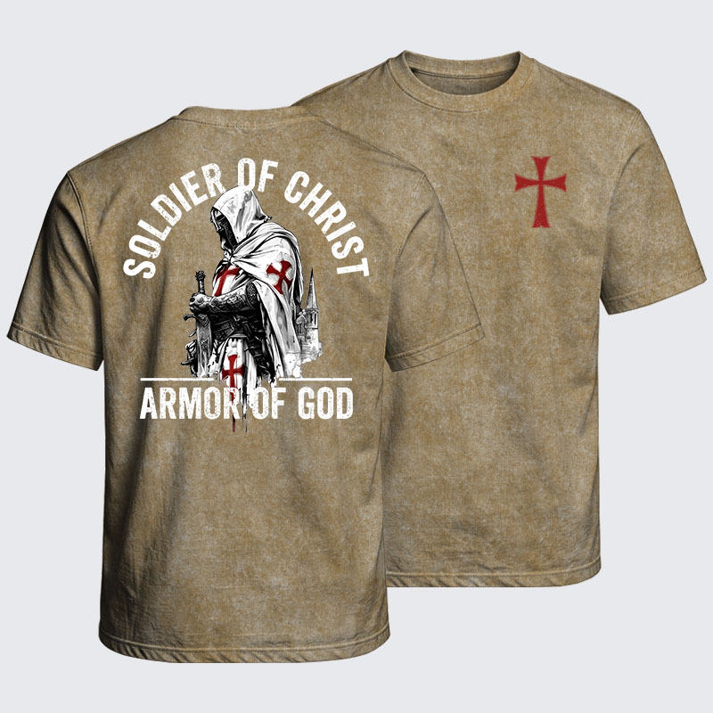 Washed T-Shirt - Soldier of Christ Armor Of God Crusader Spirit